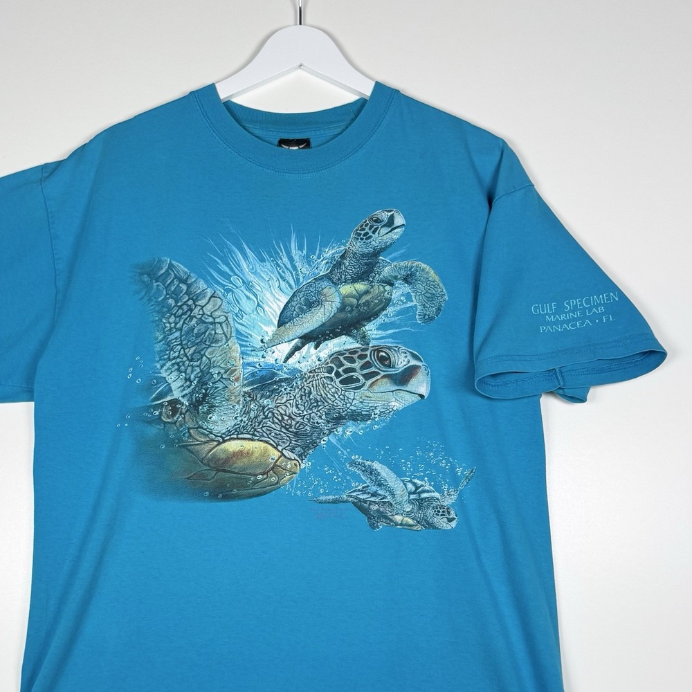 + Vintage Y2K Turtles Ocean Shirt - Blue - Gulf Specimen Marine Lab Florida - L